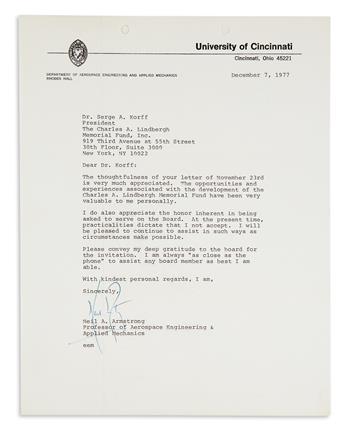 (ASTRONAUTS.) ARMSTRONG, NEIL. Two Typed Letters Signed, regarding the Charles A. Lindbergh Memorial Fund.